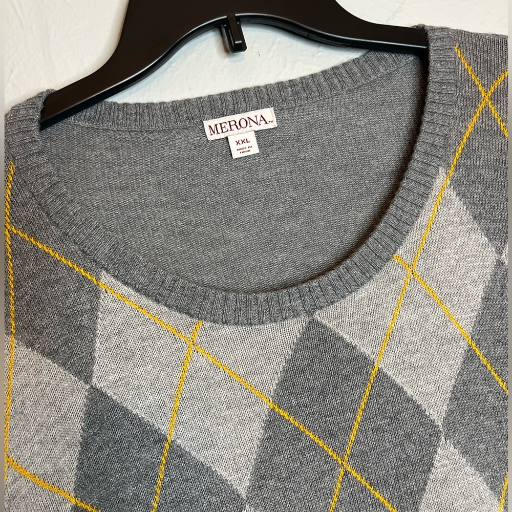 Merona Women's XXL Argyle Scoop Neck Long Sleeve Gray Yellow Sweater Pullover